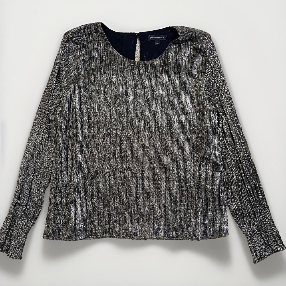 Banana Republic Blouse Womens Size XL Gold Metallic Smocked Cuff Lined